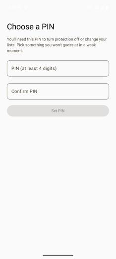 Choose a PIN screen with PIN and Confirm PIN fields