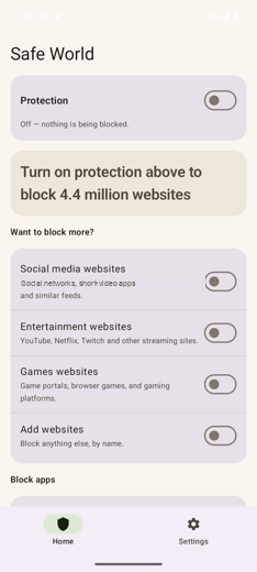 Home screen with Protection switch off