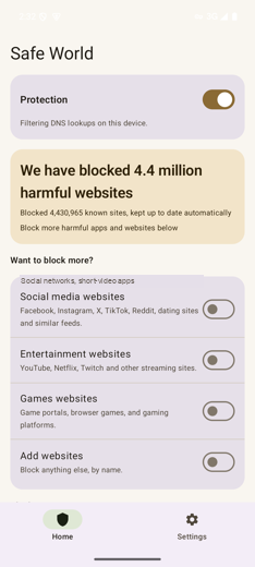Home screen with Protection on showing 4.4 million blocked