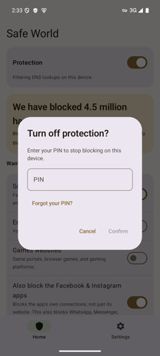 Turn off protection PIN prompt with Forgot your PIN link